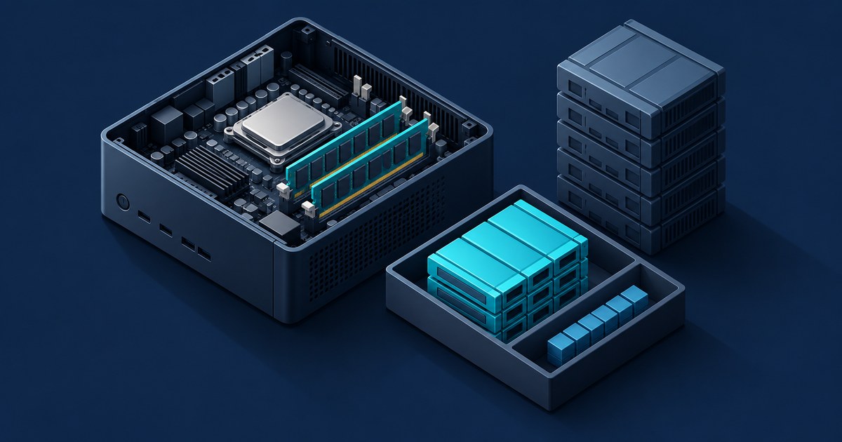 Isometric open mini PC showing a CPU and two teal RAM sticks, beside a tray of packed cyan blocks and a stack of gray modules on navy