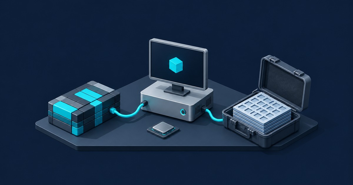 Isometric scene of a mini PC and monitor showing a cyan cube, cabled to a block of stacked tensor tiles and an open hard case holding layered grid trays, with a chip